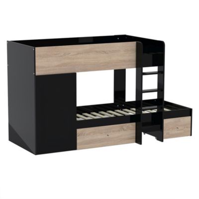 Lit superposé 90x190 avec armoire et tiroirs TWEEL Noir et chêne incl. 2 sommiers