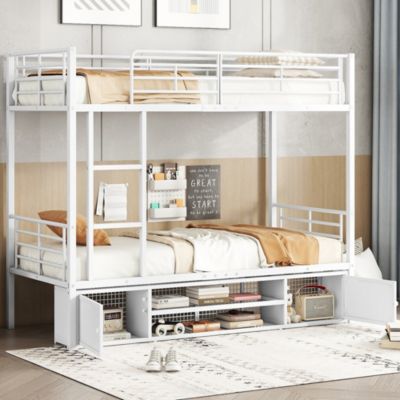 Lit superposé 90x200 cm, avec armoire, étagères, sécurité, cadre métal blanc