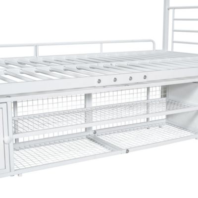 Lit superposé 90x200 cm, avec armoire, étagères, sécurité, cadre métal blanc