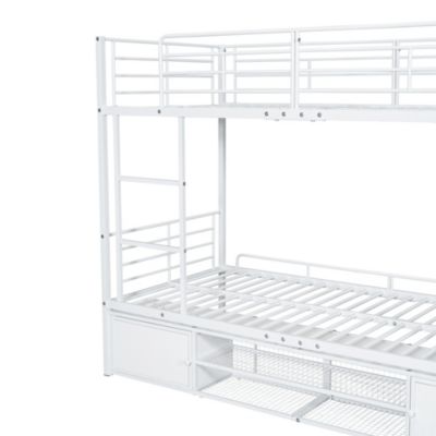 Lit superposé 90x200 cm, avec armoire, étagères, sécurité, cadre métal blanc