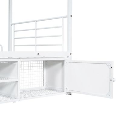Lit superposé 90x200 cm, avec armoire, étagères, sécurité, cadre métal blanc