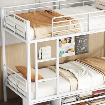 Lit superposé 90x200 cm, avec armoire, étagères, sécurité, cadre métal blanc