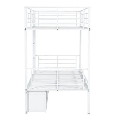 Lit superposé 90x200 cm, avec armoire, étagères, sécurité, cadre métal blanc