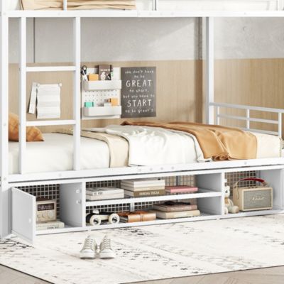 Lit superposé 90x200 cm, avec armoire, étagères, sécurité, cadre métal blanc