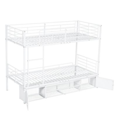 Lit superposé 90x200 cm, avec armoire, étagères, sécurité, cadre métal blanc
