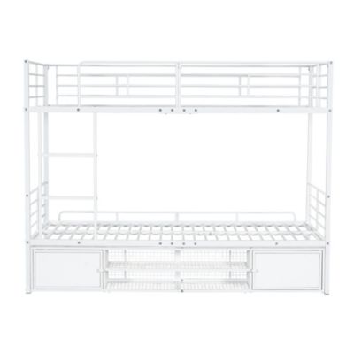 Lit superposé 90x200 cm, avec armoire, étagères, sécurité, cadre métal blanc
