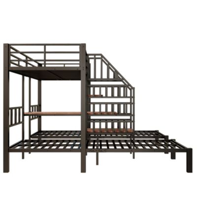 Lit superposé 90x200 cm en métal/MDF avec LED, bureau et rangement, noir