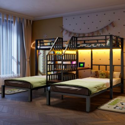 Lit superposé 90x200 cm en métal/MDF avec LED, bureau et rangement, noir