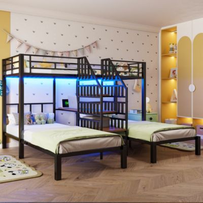 Lit superposé 90x200 cm en métal/MDF avec LED, bureau et rangement, noir