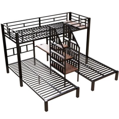 Lit superposé 90x200 cm en métal/MDF avec LED, bureau et rangement, noir