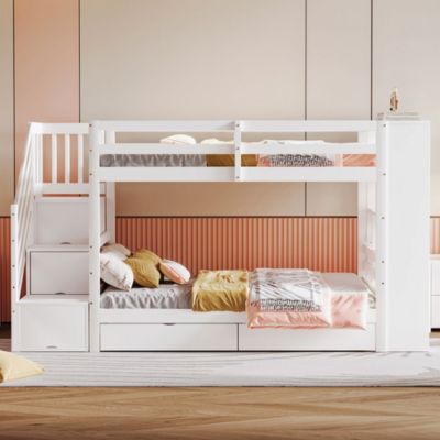 Lit superposé 90x200 cm en pin blanc pour enfant avec escalier sécurisé, tiroirs de rangement, Structure haute avec sommier