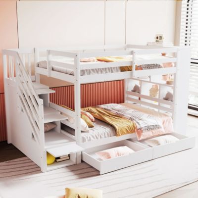 Lit superposé 90x200 cm en pin blanc pour enfant avec escalier sécurisé, tiroirs de rangement, Structure haute avec sommier