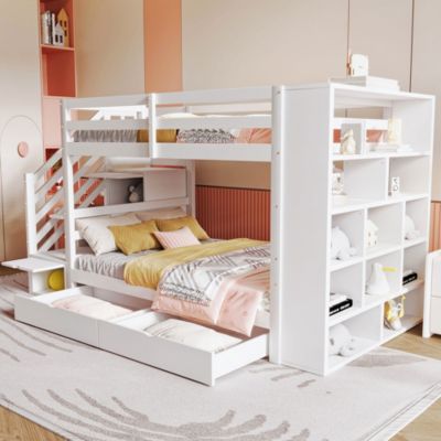 Lit superposé 90x200 cm en pin blanc pour enfant avec escalier sécurisé, tiroirs de rangement, Structure haute avec sommier