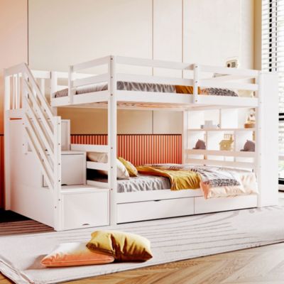 Lit superposé 90x200 cm en pin blanc pour enfant avec escalier sécurisé, tiroirs de rangement, Structure haute avec sommier