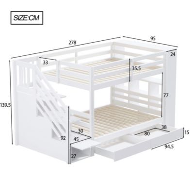 Lit superposé 90x200 cm en pin blanc pour enfant avec escalier sécurisé, tiroirs de rangement, Structure haute avec sommier