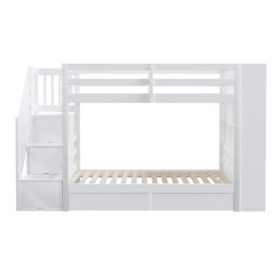 Lit superposé 90x200 cm en pin blanc pour enfant avec escalier sécurisé, tiroirs de rangement, Structure haute avec sommier