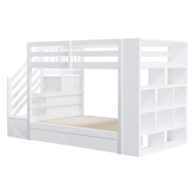 Lit superposé 90x200 cm en pin blanc pour enfant avec escalier sécurisé, tiroirs de rangement, Structure haute avec sommier