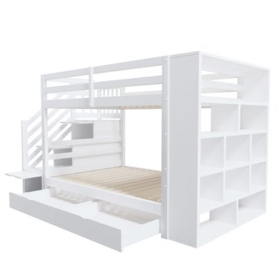 Lit superposé 90x200 cm en pin blanc pour enfant avec escalier sécurisé, tiroirs de rangement, Structure haute avec sommier