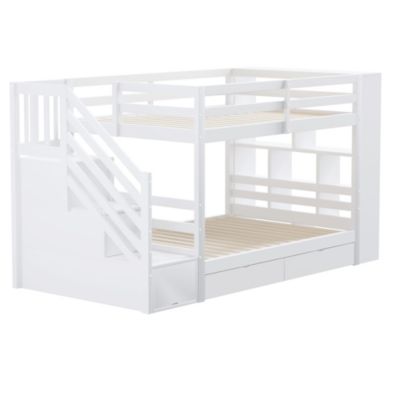 Lit superposé 90x200 cm en pin blanc pour enfant avec escalier sécurisé, tiroirs de rangement, Structure haute avec sommier