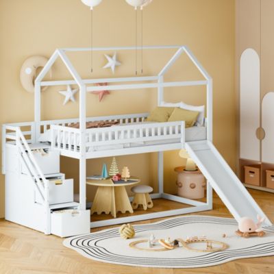 Lit Superposé 90x200 cm - Lit enfant avec Toboggan, Échelle de Rangement et Tiroirs - Sans Matelas - Bois et MDF - Blanc