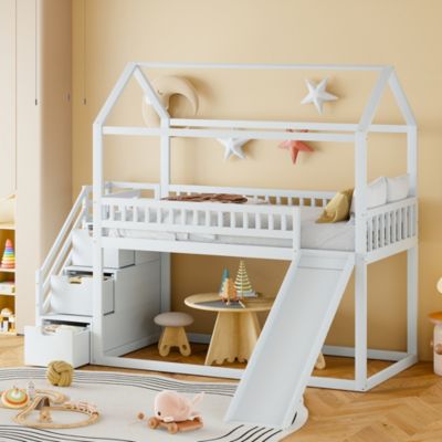 Lit Superposé 90x200 cm - Lit enfant avec Toboggan, Échelle de Rangement et Tiroirs - Sans Matelas - Bois et MDF - Blanc