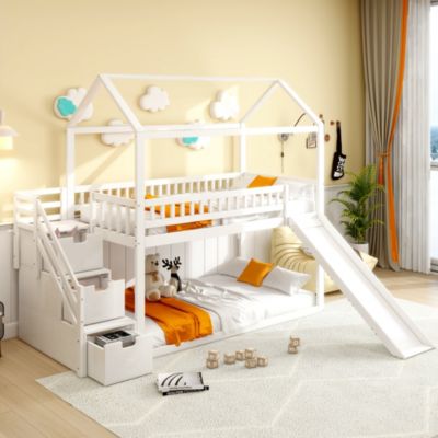 Lit Superposé 90x200 cm - Lit enfant avec Toboggan, Échelle de Rangement et Tiroirs - Sans Matelas - Bois et MDF - Blanc