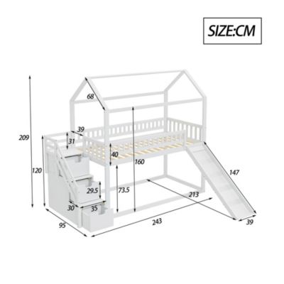 Lit Superposé 90x200 cm - Lit enfant avec Toboggan, Échelle de Rangement et Tiroirs - Sans Matelas - Bois et MDF - Blanc