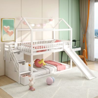 Lit Superposé 90x200 cm - Lit enfant avec Toboggan, Échelle de Rangement et Tiroirs - Sans Matelas - Bois et MDF - Blanc