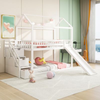 Lit Superposé 90x200 cm - Lit enfant avec Toboggan, Échelle de Rangement et Tiroirs - Sans Matelas - Bois et MDF - Blanc