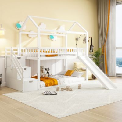 Lit Superposé 90x200 cm - Lit enfant avec Toboggan, Échelle de Rangement et Tiroirs - Sans Matelas - Bois et MDF - Blanc