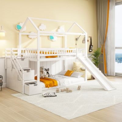 Lit Superposé 90x200 cm - Lit enfant avec Toboggan, Échelle de Rangement et Tiroirs - Sans Matelas - Bois et MDF - Blanc