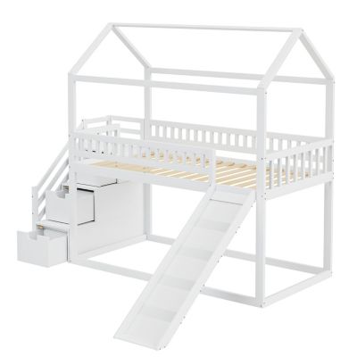 Lit Superposé 90x200 cm - Lit enfant avec Toboggan, Échelle de Rangement et Tiroirs - Sans Matelas - Bois et MDF - Blanc