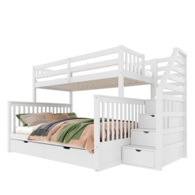 Lit superposé 90x200 et 140x200 avec tiroirs,blanc,espace de rangement multifonctionnel
