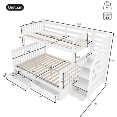 Lit superposé 90x200 et 140x200 avec tiroirs,blanc,espace de rangement multifonctionnel