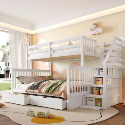 Lit superposé 90x200 et 140x200 avec tiroirs,blanc,espace de rangement multifonctionnel