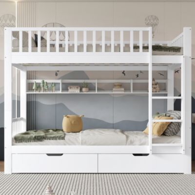 Lit superposé 90x200cm avec échelle 3 marches, étagères et tiroirs MDF, montable gauche/droite, blanc