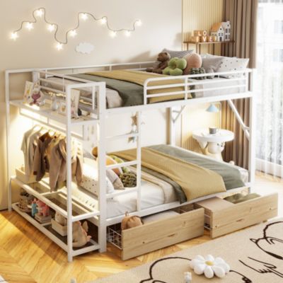 Lit Superposé Adulte 140x200 cm - avec Rangement, LED et Tiroirs - sans Matelas - Métal - Blanc