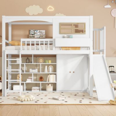 Lit superposé, avec protection, barrière, toboggan, armoire, rangement, échelle 4 marches, pin MDF contreplaqué, blanc, 90x200cm