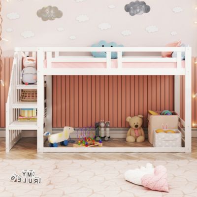 Lit superposé bas 90x200 cm en bois massif blanc avec sommier et escalier sécurisé, lit enfant pratique et sûr