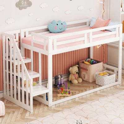Lit superposé bas 90x200 cm en bois massif blanc avec sommier et escalier sécurisé, lit enfant pratique et sûr