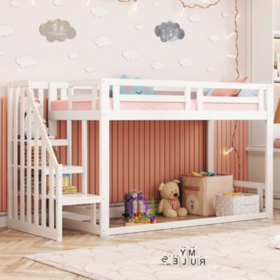 Lit superposé bas 90x200 cm en bois massif blanc avec sommier et escalier sécurisé, lit enfant pratique et sûr