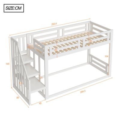 Lit superposé bas 90x200 cm en bois massif blanc avec sommier et escalier sécurisé, lit enfant pratique et sûr