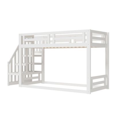 Lit superposé bas 90x200 cm en bois massif blanc avec sommier et escalier sécurisé, lit enfant pratique et sûr