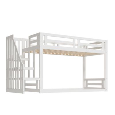 Lit superposé bas 90x200 cm en bois massif blanc avec sommier et escalier sécurisé, lit enfant pratique et sûr