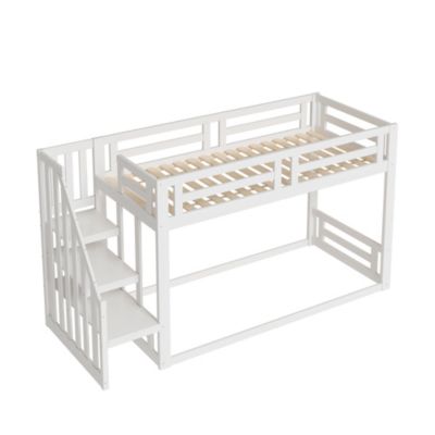 Lit superposé bas 90x200 cm en bois massif blanc avec sommier et escalier sécurisé, lit enfant pratique et sûr