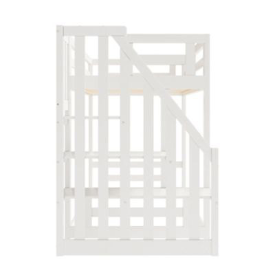 Lit superposé bas 90x200 cm en bois massif blanc avec sommier et escalier sécurisé, lit enfant pratique et sûr