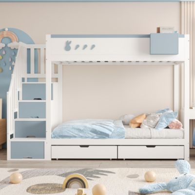Lit Superposé Bois 90x200 cm enfant avec Escalier, Tiroirs et Étagères Amovibles - Blanc et Bleu