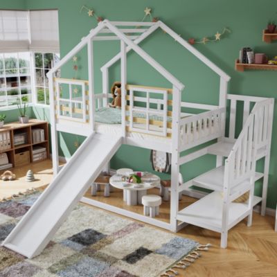 Lit Superposé Enfant Avec Toboggan Et Échelle - Lit Cabane En Bois Massif Blanc/Naturel - Barrières Sécurité, Matelas 90x200 Cm