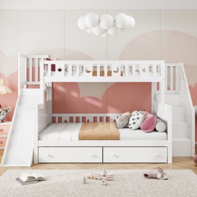 Lit superposé enfant 90x200/140x200 cm en bois massif avec toboggan, escaliers sécurisés, 2 grands tiroirs et sommier, blanc