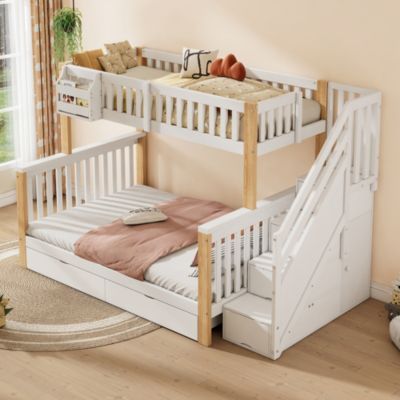 Lit Superposé enfant 90x200 cm/140x200 cm, avec Escalier et Tiroirs, Bois Massif et MDF, Blanc et Bois Naturel, Sans Matelas